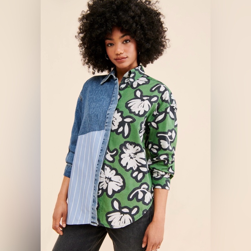 Oversized Patchwork Button Down Shirt. Sz S - image 1